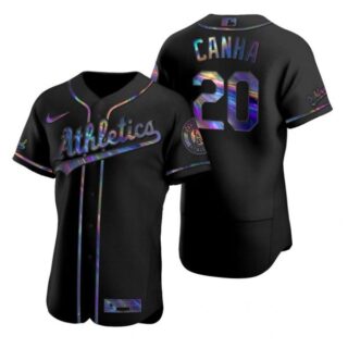Men's #20 Mark Canha Oakland Athletics Flex Base Jersey Black Holographic
