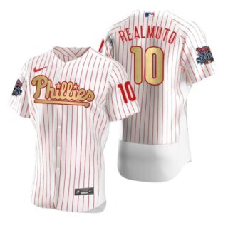 Men's #10 J.T. Realmuto Philadelphia Phillies Flex Base Jersey White Gold WS