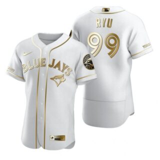 Men's Hyun Jin Ryu Toronto Blue Jays Flex Base Jersey Black Holographic White Golden