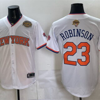 Men's New York Knicks #23 Mitchell Robinson White 2026 Finals & Eastern Conference Champions Patch Stitched Baseball Jersey