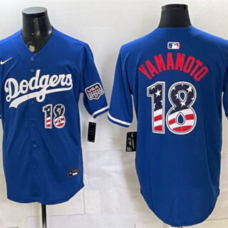 Men's Los Angeles Dodgers #18 Yoshinobu Yamamoto Blue USA 250 Fourth of July Stitched Baseball Jersey