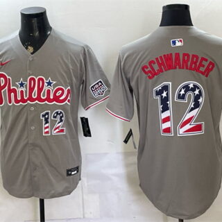 Men's Philadelphia Phillies #12 Kyle Schwarber Grey USA 250 Fourth of July Home Stitched Baseball Jersey