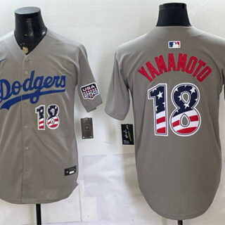 Men's Los Angeles Dodgers #18 Yoshinobu Yamamoto Grey USA 250 Fourth of July Stitched Baseball Jersey