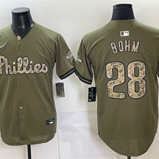 Men's Philadelphia Phillies #28 Alec Bohm Olive 2026 Armed Forces Day Stitched Baseball Jersey