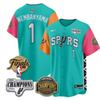 Men's San Antonio Spurs #1 Victor Wembanyama Finals and Champions Patch Fiesta Button-Up Baseball Jersey - Teal