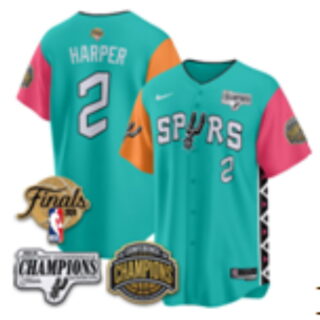 Men's San Antonio Spurs #2 Dylan Harper Finals and Champions Patch Fiesta Button-Up Baseball Jersey - Teal