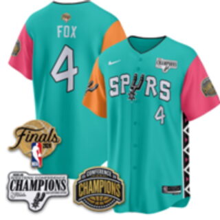Men's San Antonio Spurs #4 De'Aaron Fox Finals and Champions Patch Fiesta Button-Up Baseball Jersey - Teal