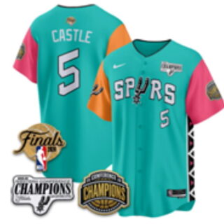 Men's San Antonio Spurs #5 Stephon Castle Finals and Champions Patch Fiesta Button-Up Baseball Jersey - Teal