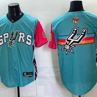 Men's San Antonio Spurs Finals and Champions Patch Retro Stripe Logo Back Graphic Fiesta Button-Up Baseball Jersey - Teal