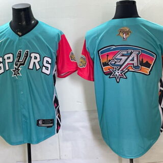 Men's San Antonio Spurs Finals and Champions Patch SA Skyline Logo Back Graphic Fiesta Button-Up Baseball Jersey - Teal